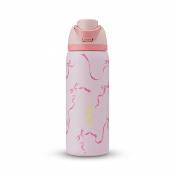 Pink water bottle with pink lid on a white background