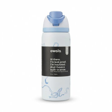 White water bottle with blue lid and text on a white background