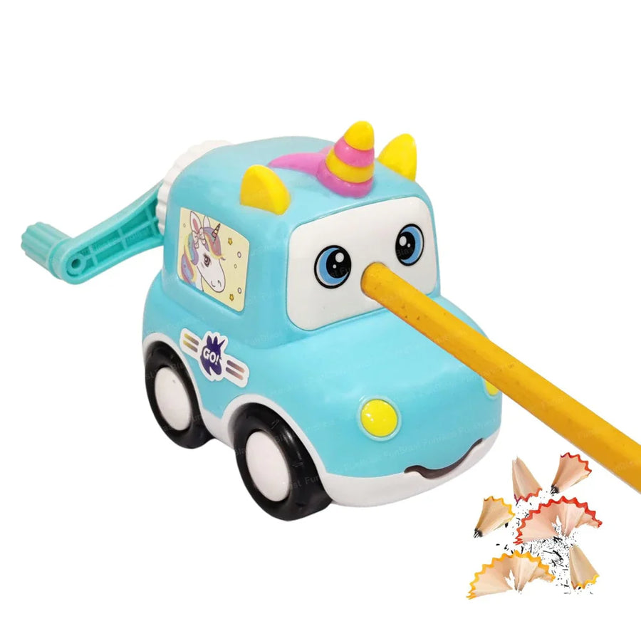 FunBlast Unicorn Car Pencil Sharpener – Manual Rotate, Alloy Spiral Hob | Kids Stationery