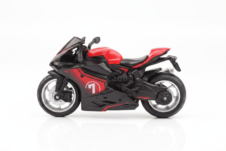 Die-Cast Sport Motorcycle Model – 1:16 Scale Alloy (Red & Black, #7)