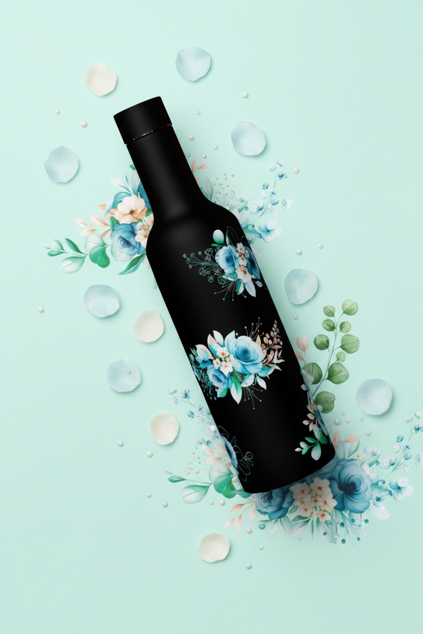 Blue Floret - 500ml Black Insulated Bottle