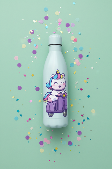 Purple Scooter bottle - lifestyle flat lay