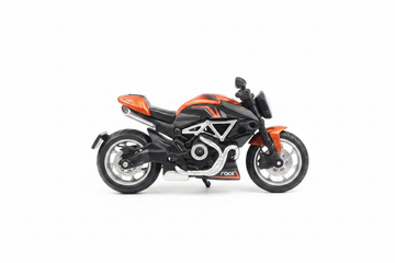 Orange black cruiser motorcycle side view white background